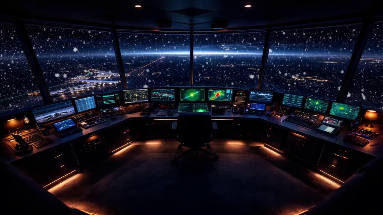 Snowy Night in the Control Tower ❄️ Cozy Storm Ambience