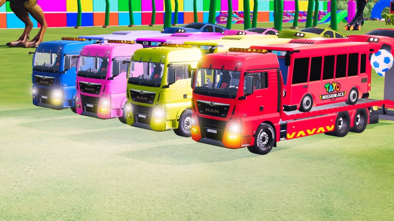 TRANSPORTING CARS, AMBULANCE, FIRE TRUCK, POLICE CARS, BUS TAYO OF COLORS! WITH TRUCKS! - FS 22