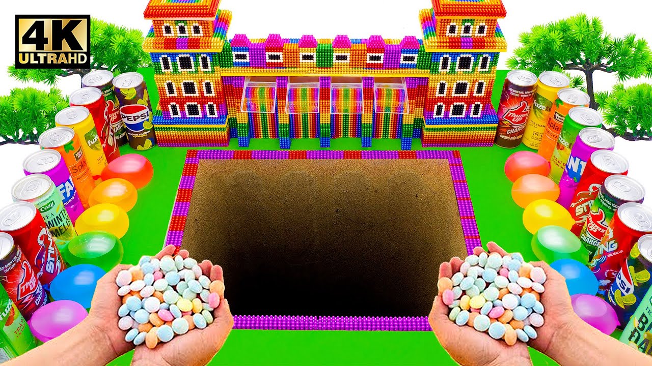 Pouring Sodas from a Dam into a Big Underground Pit Coca Cola, Fanta, Pepsi, Cola and Mentos