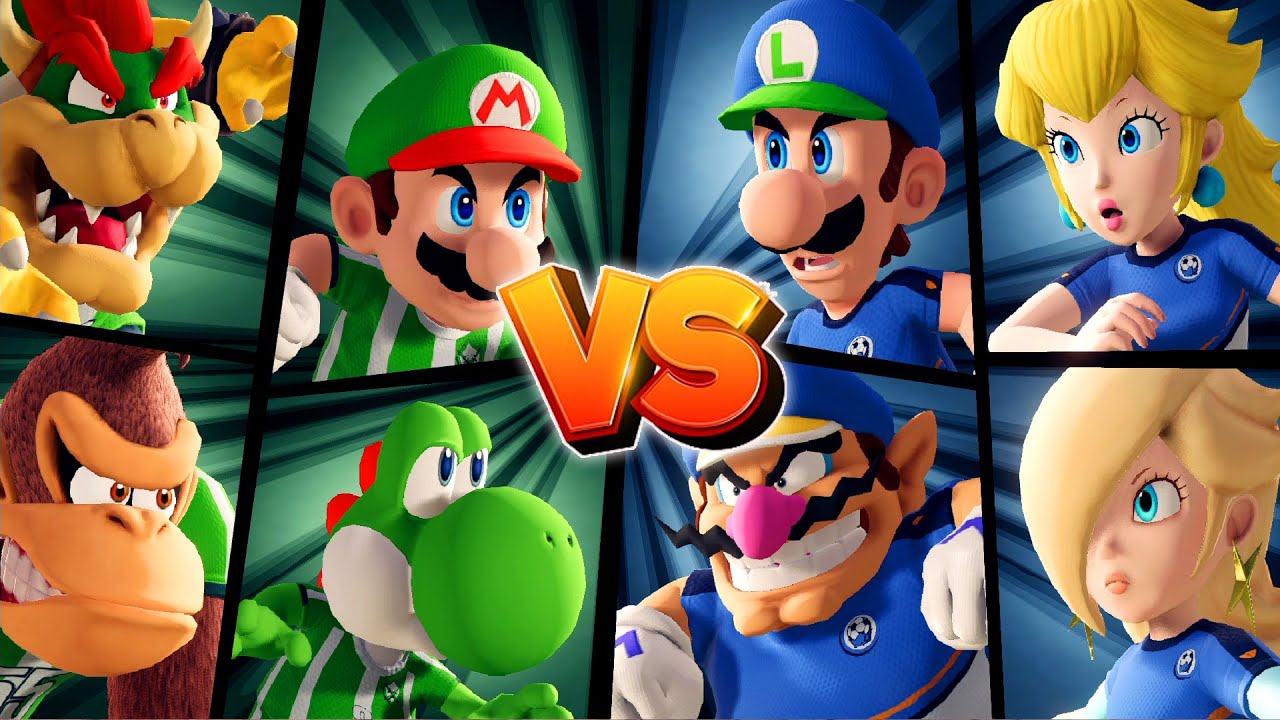 Mario Strikers Battle League - Mario, Yoshi, Donkey Kong, Bowser Vs Luigi, Wario, Peach, Rosalina