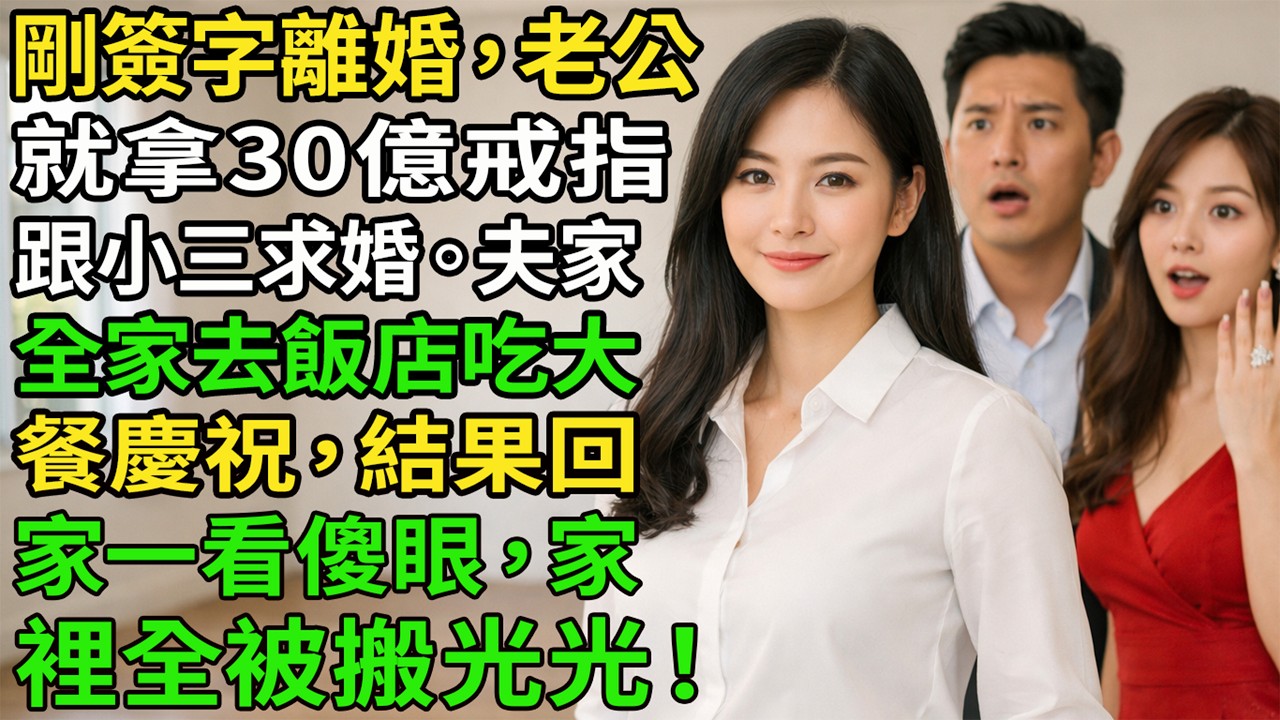 剛簽字離婚，老公就拿30億戒指跟小三求婚。夫家全家去飯店吃大餐慶祝，結果回家一看傻眼，家裡全被搬光光！