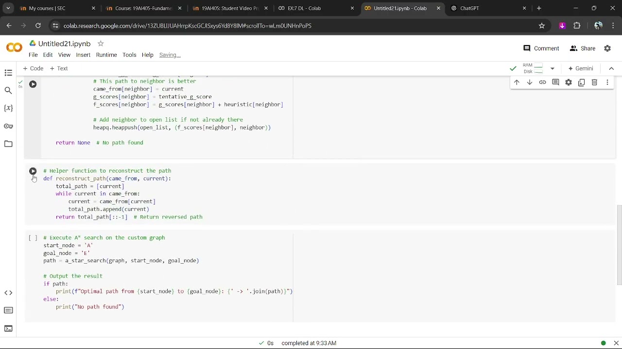 A* Search Algorithm for the considered custom graph