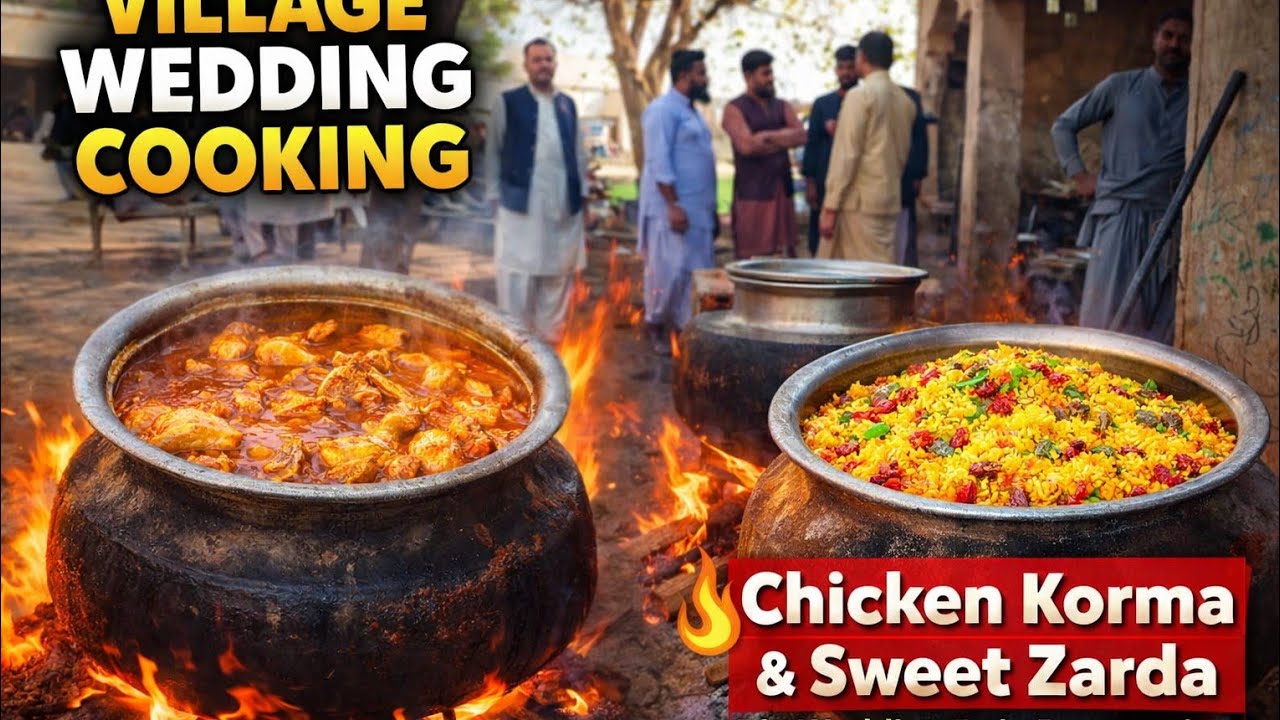 Grand Village Wedding Cooking | Huge Chicken Qorma & Sweet Zarda in Big Pots