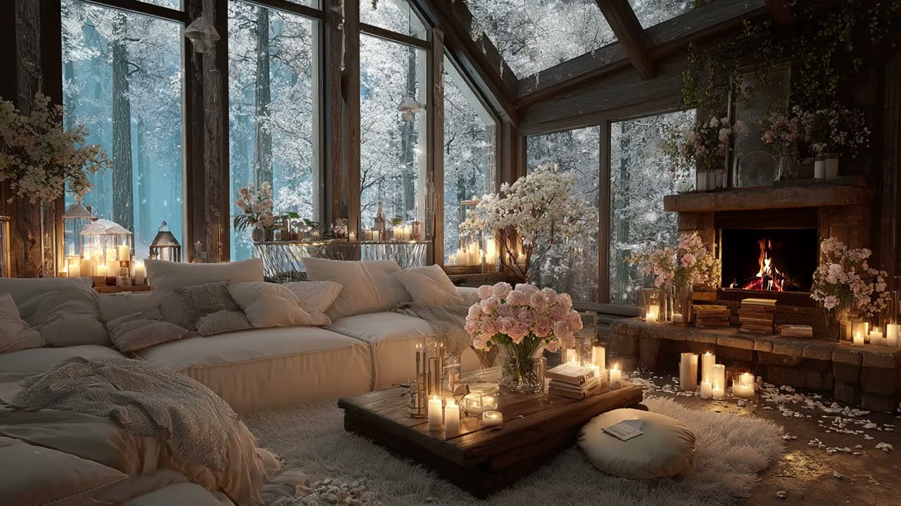 Peaceful Winter Cabin Life: Soft Piano Melodies and Fireplace Sounds for Stress Relief