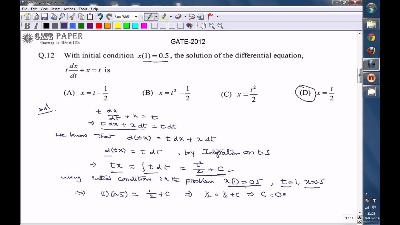 GATE 2012 ECE   Solution of Differential equation with initial conditions