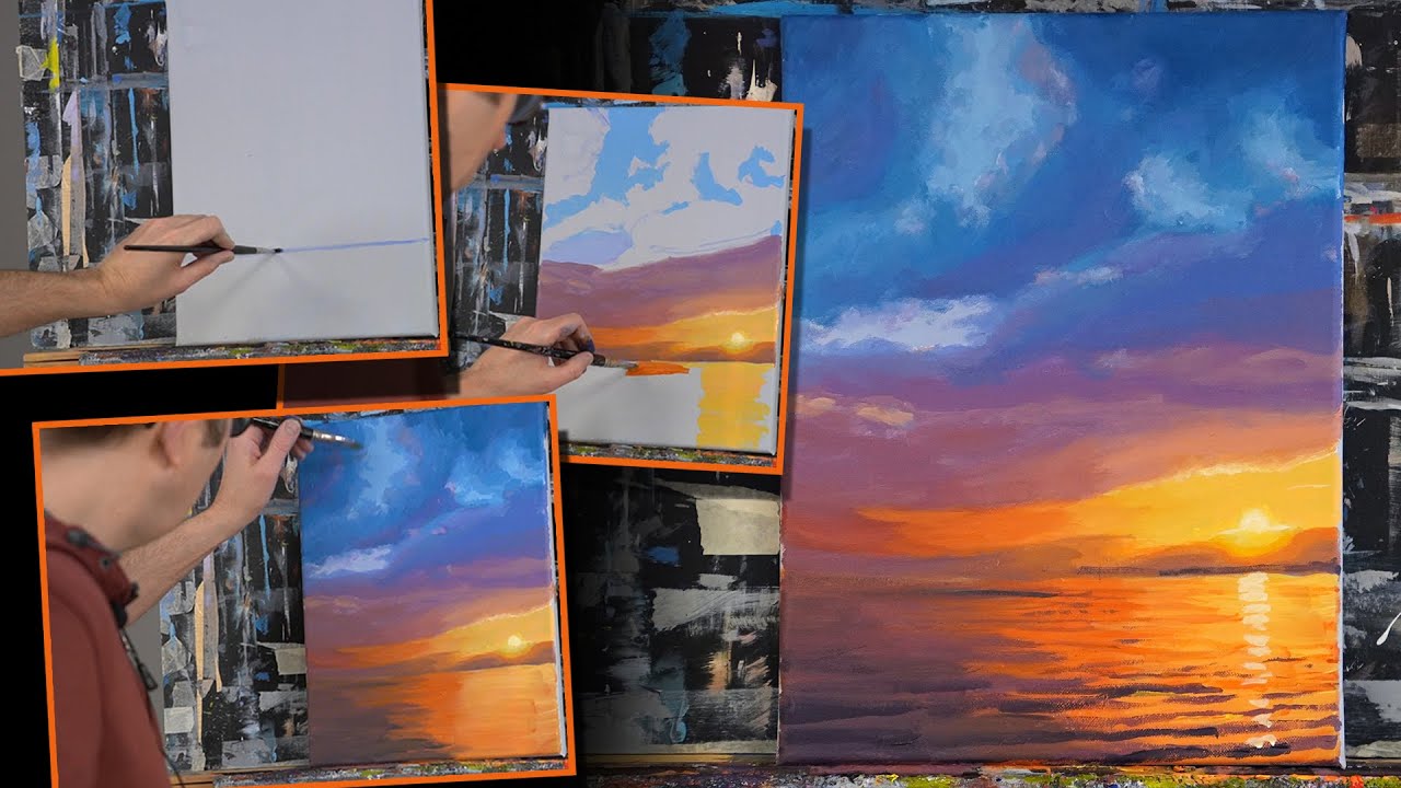 Painting sunset with acrylic paint for beginners