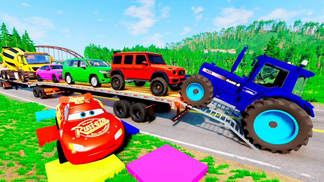 TRANSPORTING PIXAR CARS & FRUITS WITH COLORED & JOHN DEERE vs CLAAS vs TRACTORS - BeamNG.drive #983