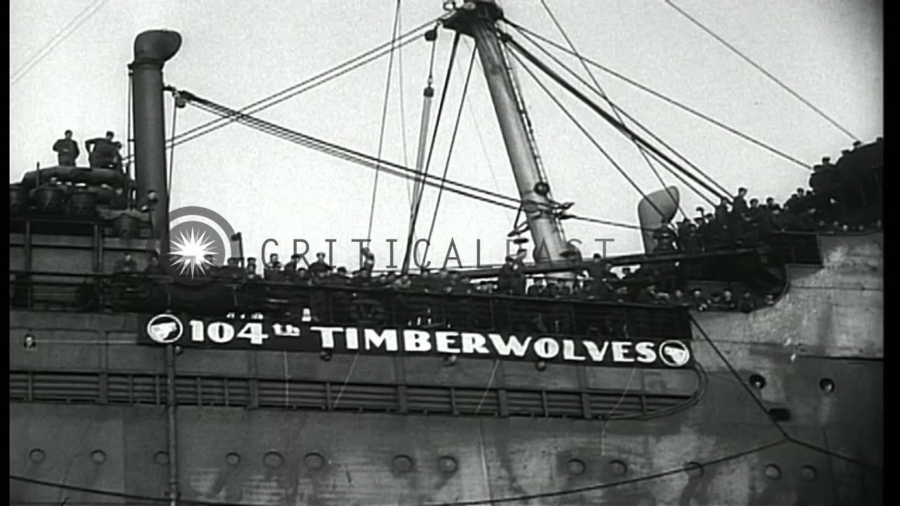 United States troops aboard a large ship arriving in New York harbor, returning f...HD Stock Footage