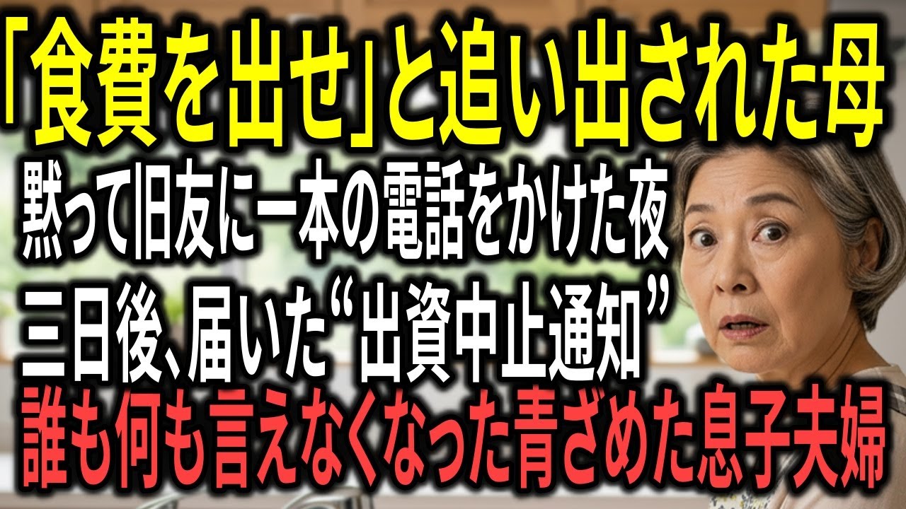“食費を出せ”と母を追い出した息子夫婦。母は黙って旧友に電話した。三日後、息子の会社への出資が止まって二人は青ざめた