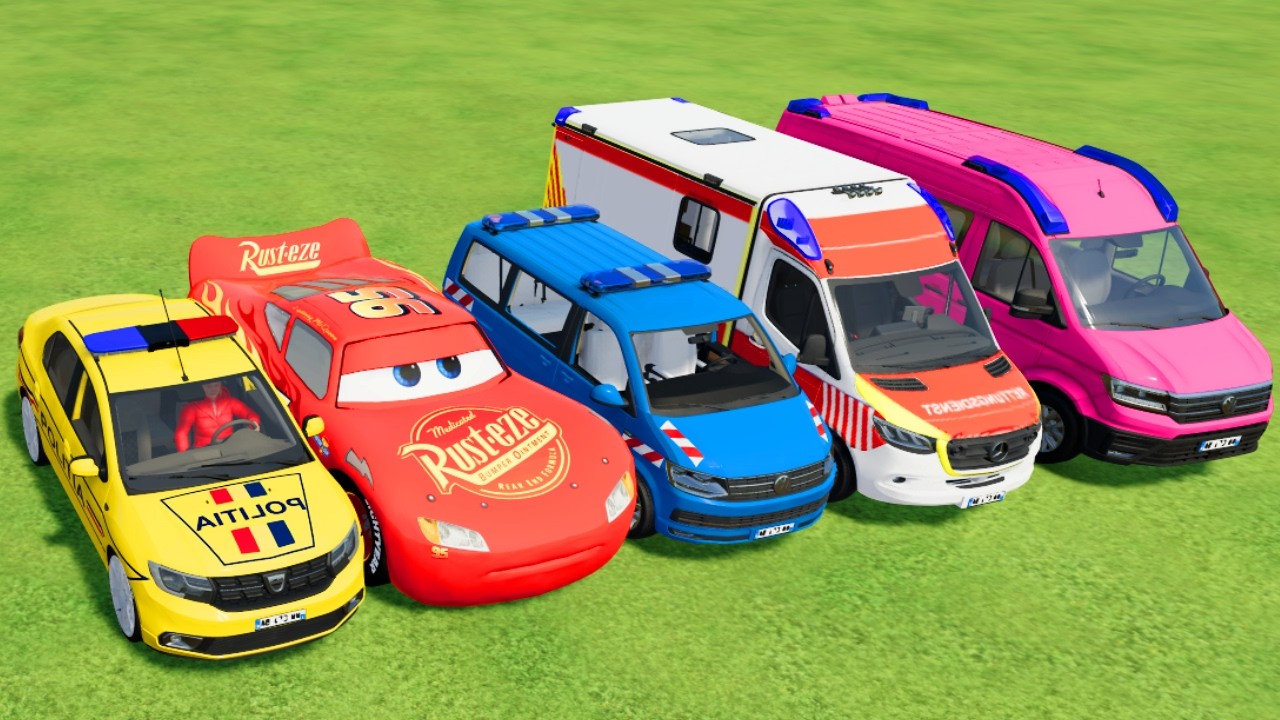 TRANSPORTING POLICE CARS, AMBULANCE, FIRE TRUCK, COLORFUL CARS WITH TRAIN -FARMING SIMULATOR 22!