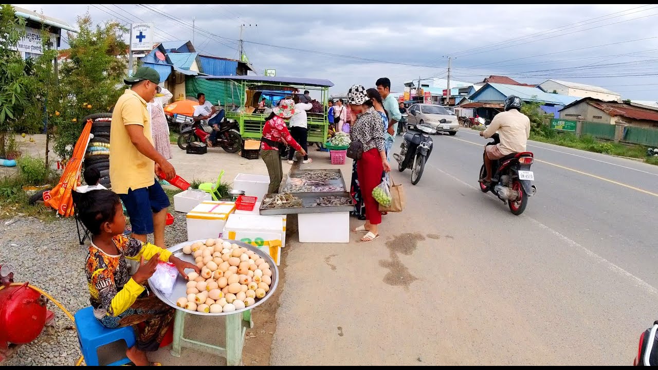 Roadside Street Food in Rural Cambodia, Factory Worker's Lunch Break, Countryside Market Tour