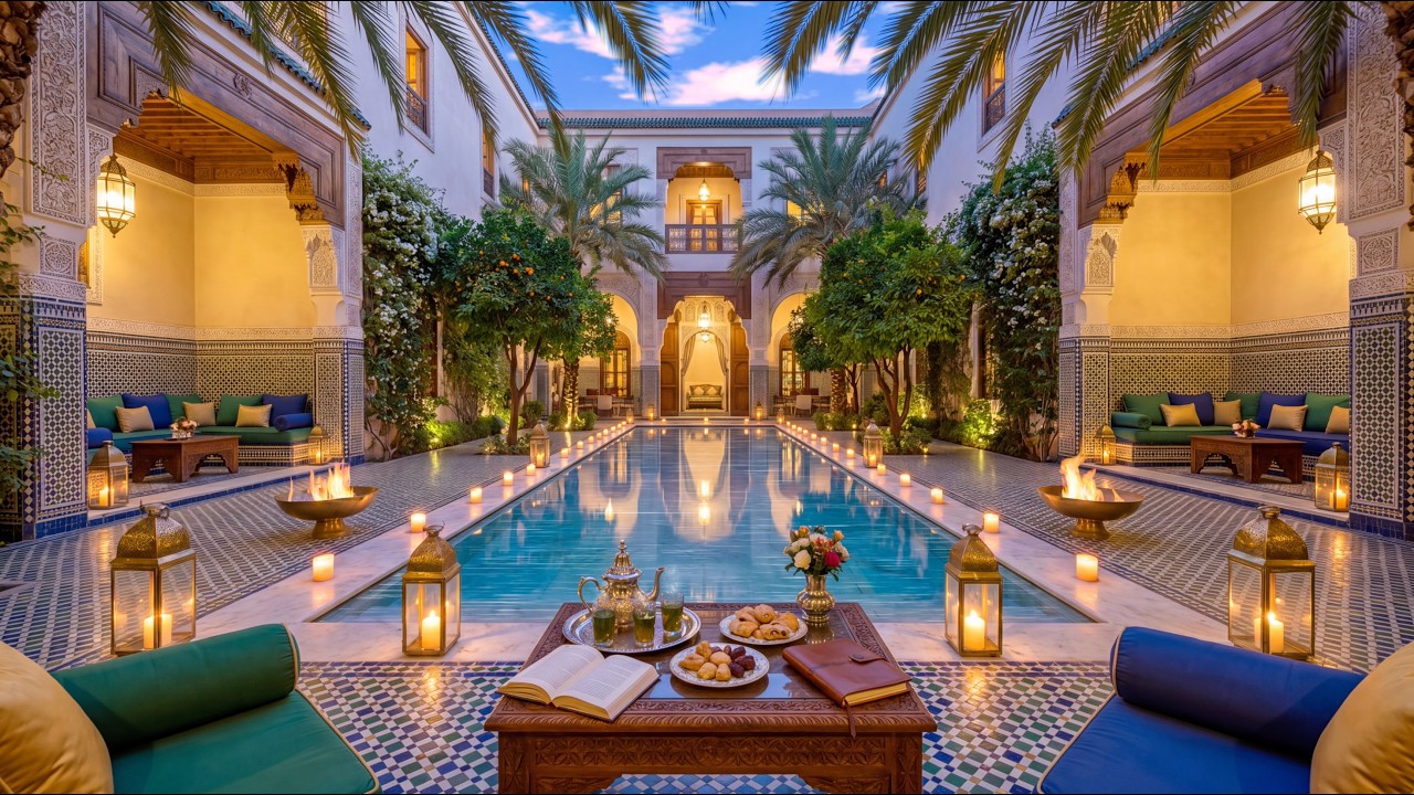 ✨Cozy Moroccan Riad Ambience 🇲🇦 | Luxury Marrakech Courtyard, Fires & Moroccan Music (4 Hours, 4K)