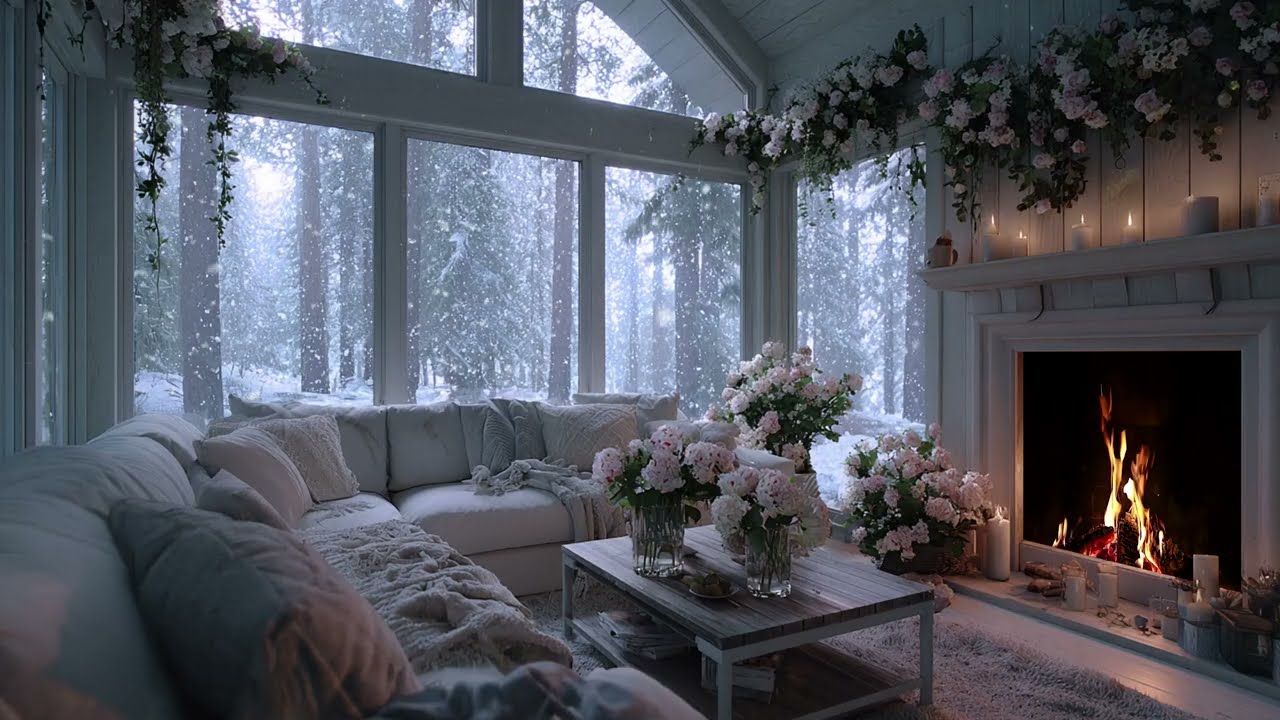 Warm Fireplace Piano With Snow Falling Outside For Peaceful Winter Evening Ambience