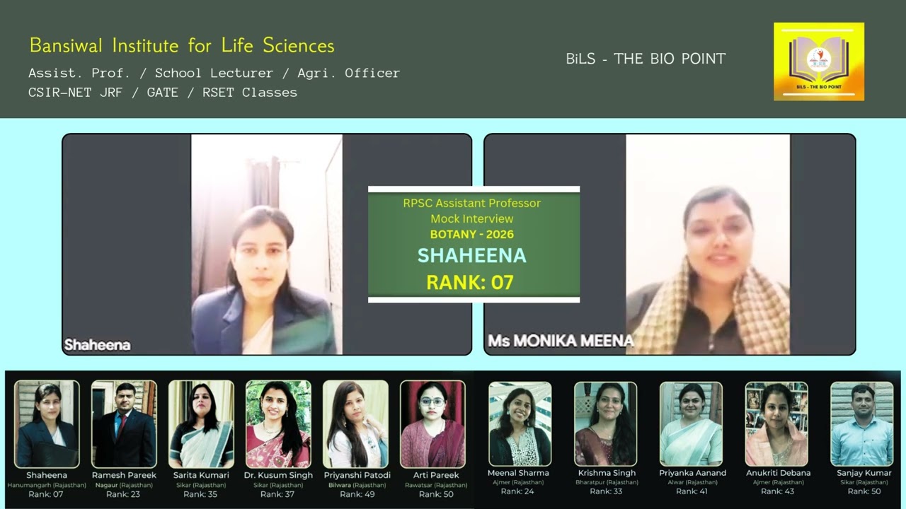Interview Experience - RPSC Assistant Professor Botany Saheena ! Mock  reviews by BiLS Classes