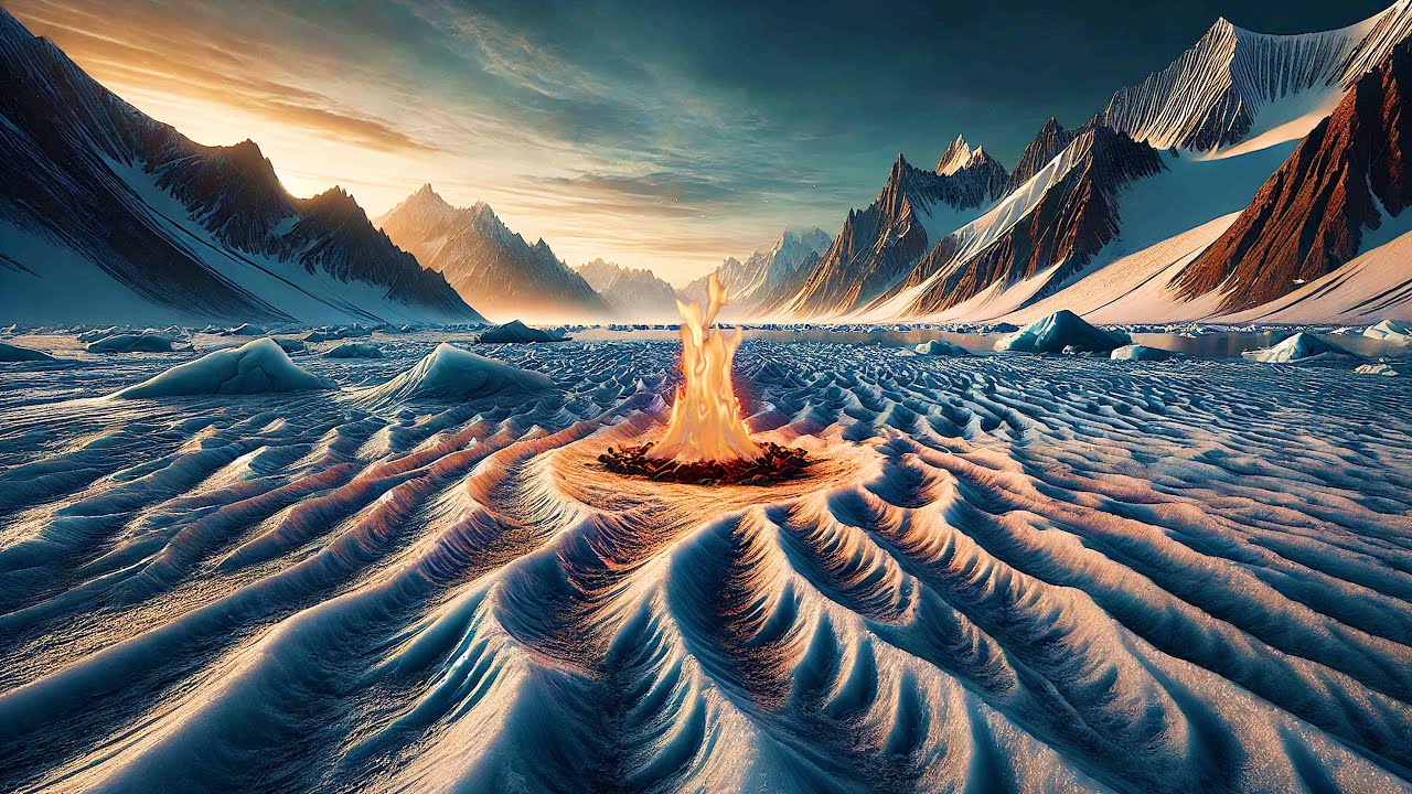 Crackling Campfire on an Antarctic Glacier | Stunning Fireplace Ambience with Snowy Peaks