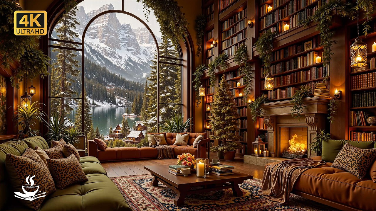 Lakeside Library Jazz with Fireplace & Snowfall | Deep Study Focus, Reading Flow & Winter Mountain