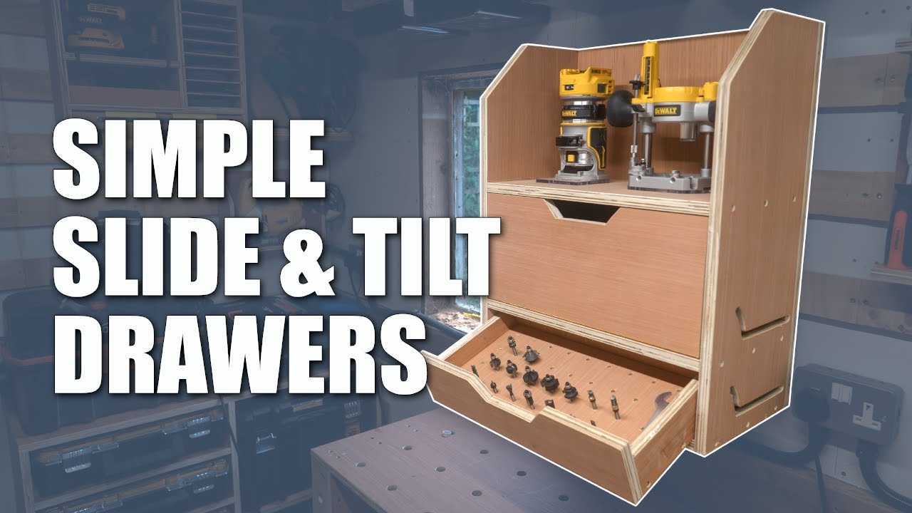 French cleat router station with slide and tilt drawers.