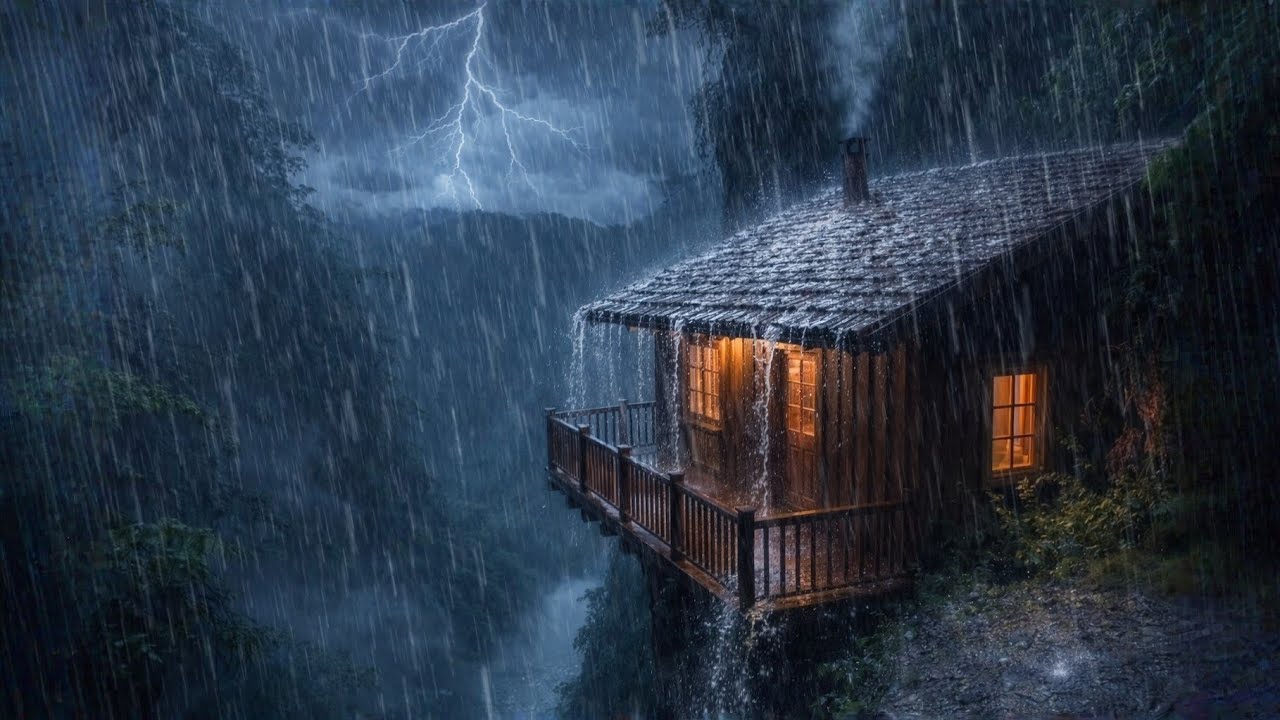 Heavy Rain & Thunderstorm in American Mountains | Cozy Cabin Ambience for Sleep & Meditation