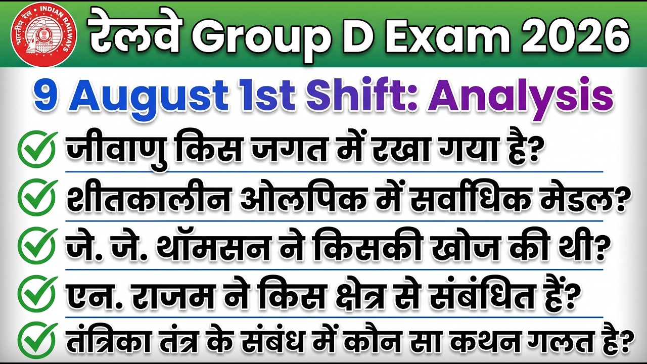 RRB Group D Exam Analysis 9 August 2026 | 1st Shift Analysis Today | GK GS Questions