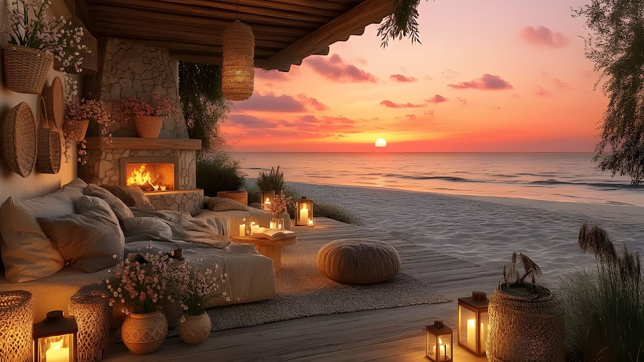Coastal Porch Sunset Escape 🌅🔥🐦 | Soft Waves, Fireplace & Evening Nature Sounds