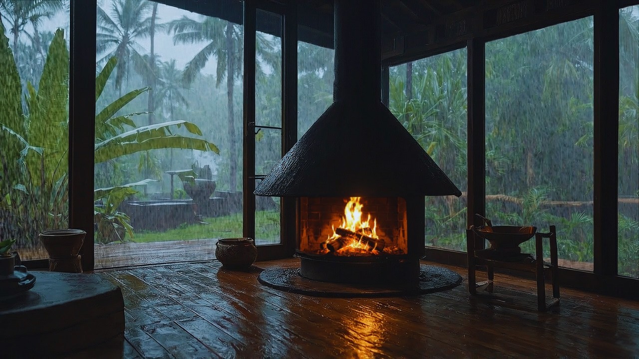 Heavy Tropical Rain in a Cozy Cabin Fireplace 🔥 Rain Sounds for Deep Sleep (2 Hours)