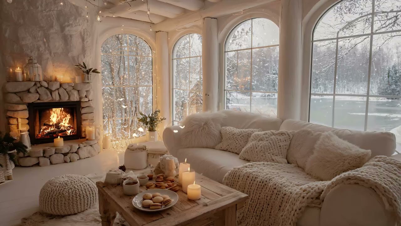 Warm Fireplace by the Winter Lake 🔥❄️ Soothing Piano & Crackling Fireplace Sounds for Relaxation