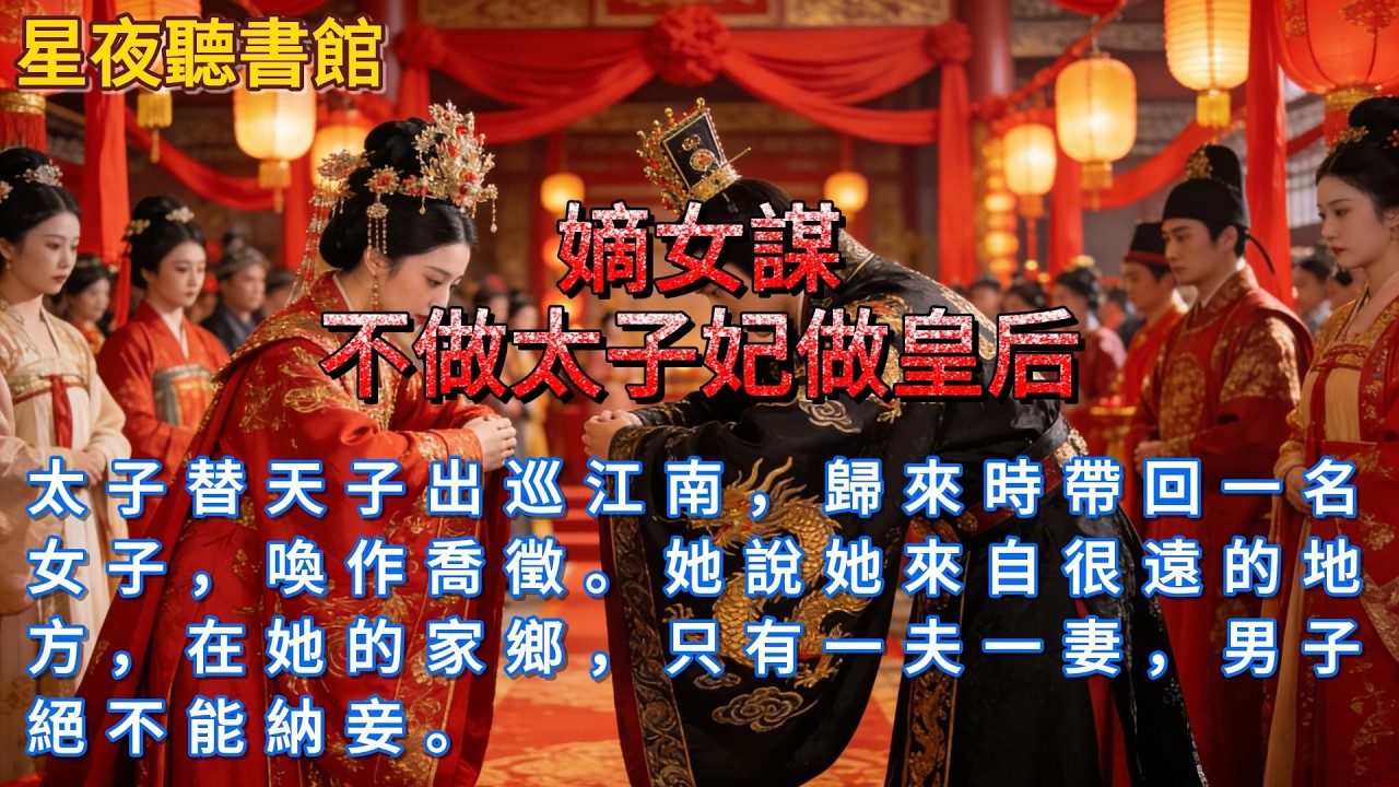 《嫡女謀：不做太子妃做皇后》太子替天子出巡江南，歸來時帶回一名女子，喚作喬徵。她說她來自很遠的地方，在她的家鄉，只有一夫一妻，男子絕不能納妾。#爽文 #一口氣看完 #小說推文 #小說 #重生故事
