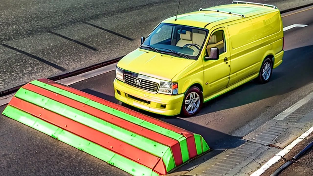 Cars vs Massive Speed bump x Train Tracks x Stairs ▶️ BeamNG Drive