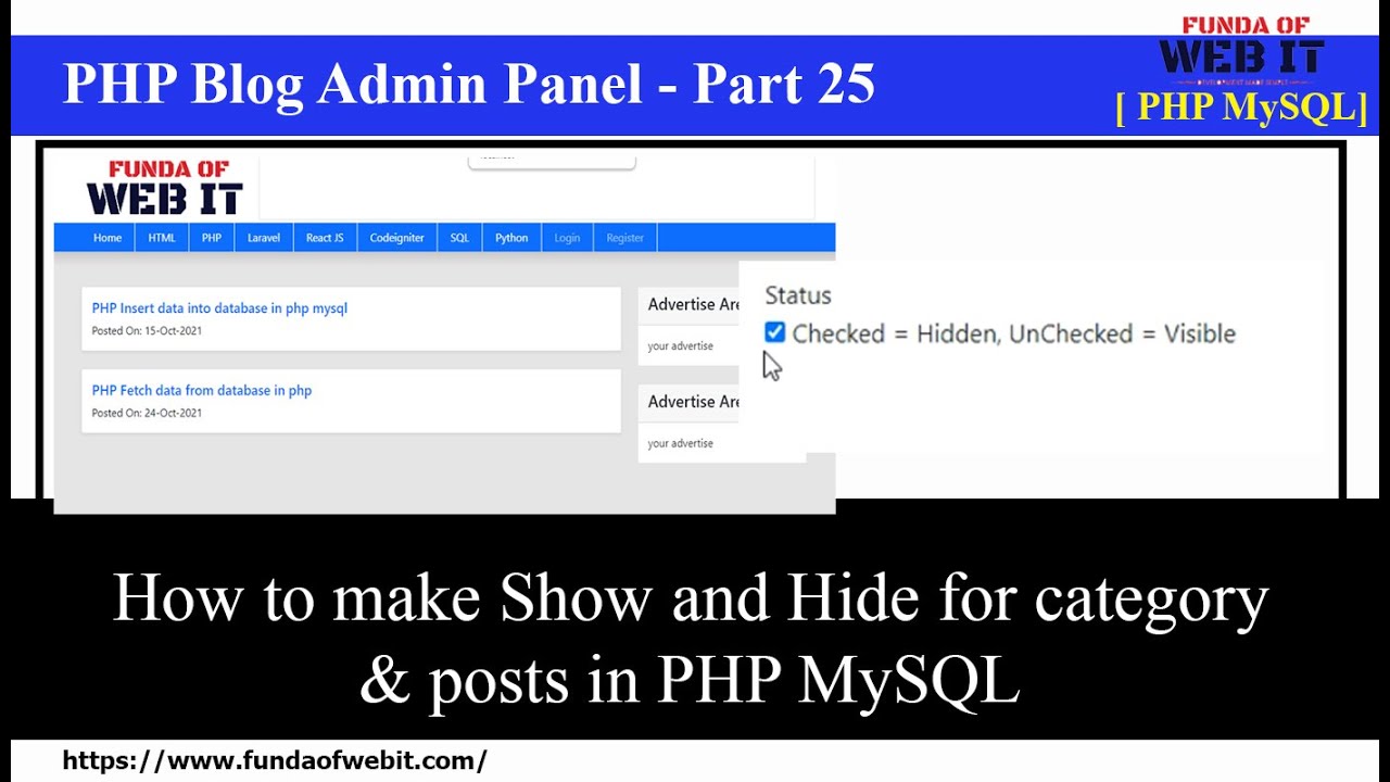 PHP Blog Part 25: How to make Show and Hide for category & posts in php | Show hide using checkbox