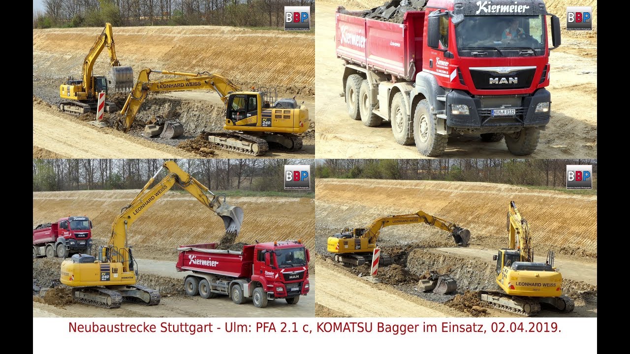 Bahnprojekt Stuttgart - Ulm: KOMATSU PC240 NLC, PC290 NLC & MAN TGS, 02.04.2019.