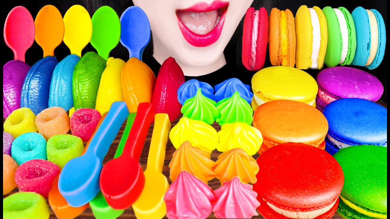 ASMR RAINBOW MERINGUE 머랭 EDIBLE SPOON, RICE CAKES MUKBANG 먹방