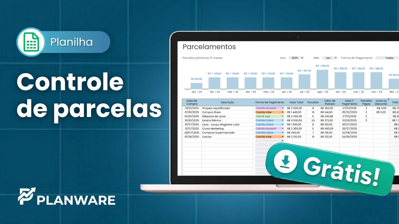 Planilha para controle de parcelamentos | Controle de dívidas Excel e Google Sheets | Grátis