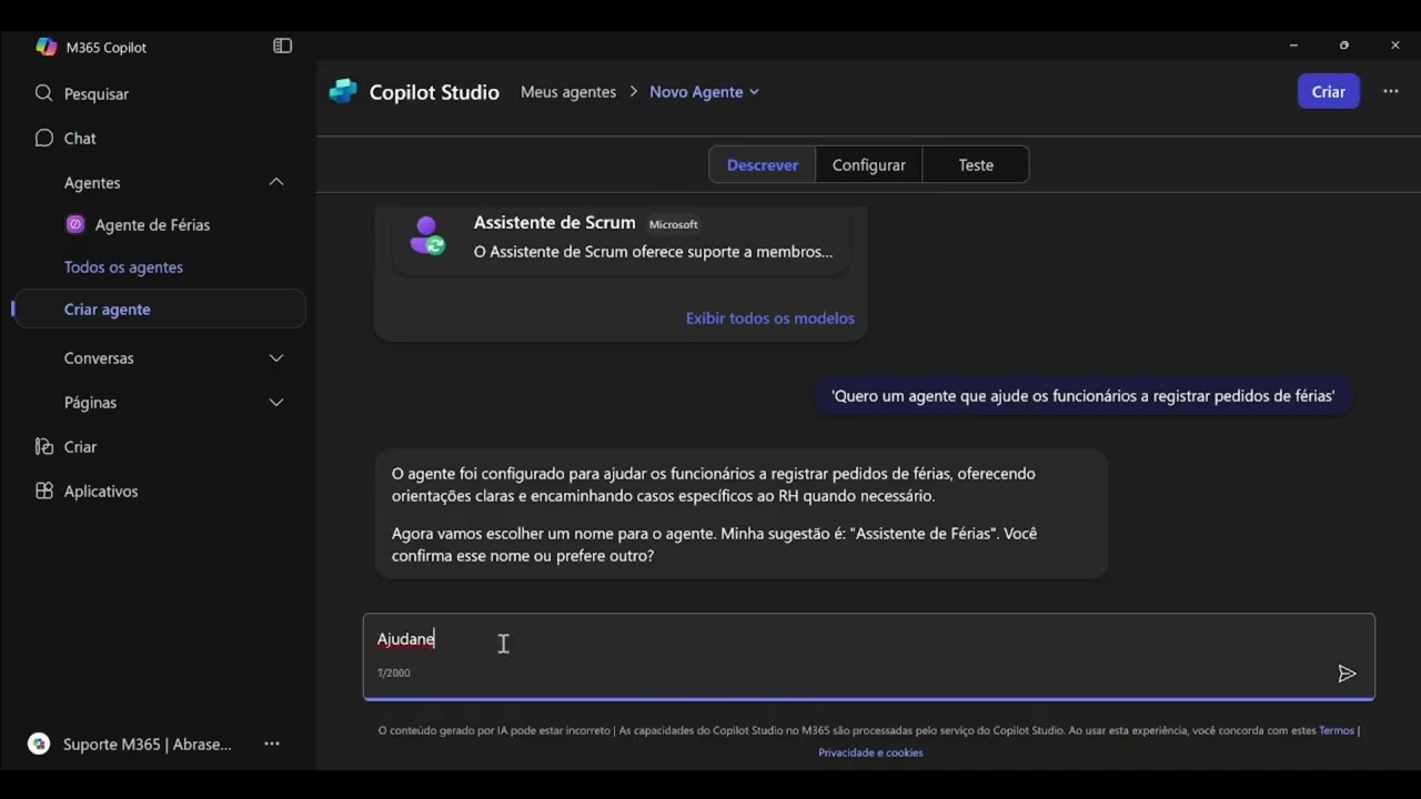 Agentes Copilot em Foco no Ambiente Corporativo | Criando Agente com prompts