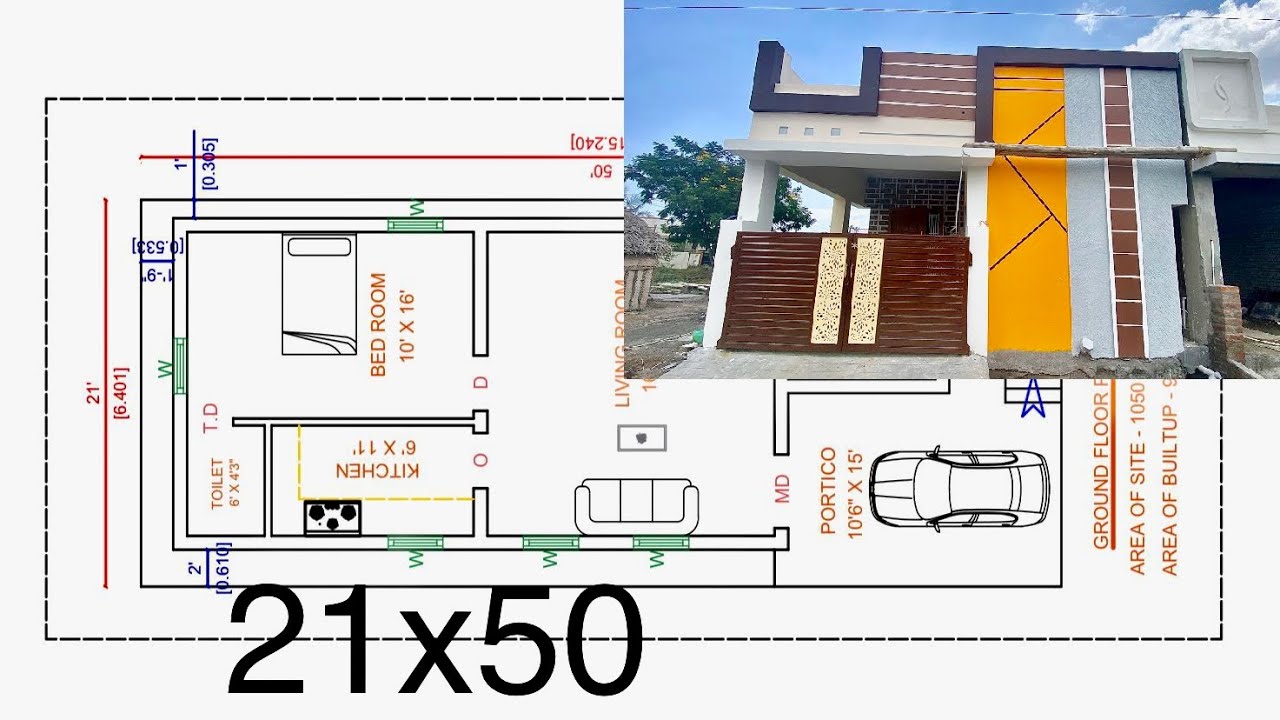 21x50 North Facing 2BHK Compact House Plan // 2.41cent // 900sqft