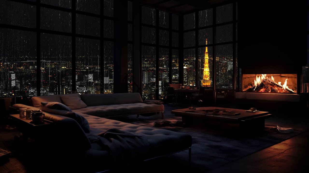 Entspannen & Schlafen: Luxuriöses Stadtzimmer mit Regen am Fenster und Kaminfeuer 🌙🔥