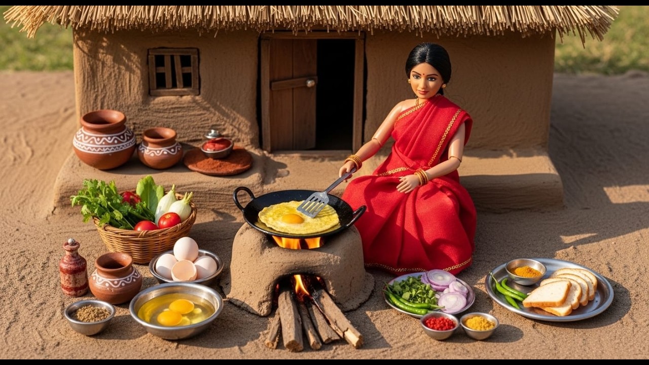 Miniature Doll Village Egg Omelette Cooking In Small Kitchen | Relaxing Indian Nanhi Rasoi Asmr