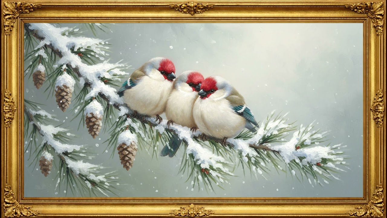 First Snow Calm ❄️ | Gentle Snowbird Painting | 4K Framed TV Art Screensaver | Cozy Winter Ambience
