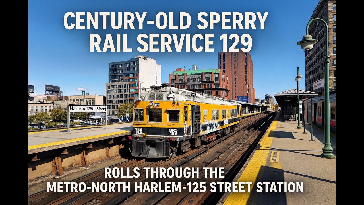 Century-old Sperry Rail Service 129 rolls through the Metro-North Harlem-125 Street station.