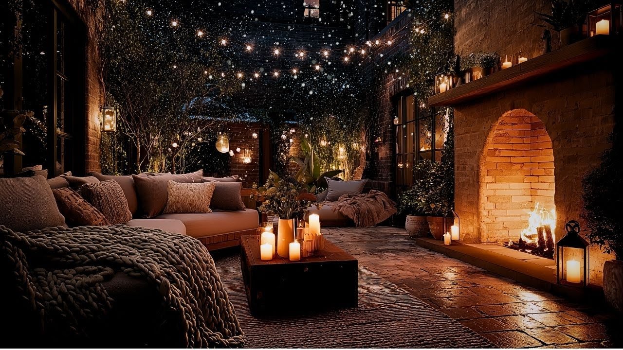 Cozy Courtyard Fireplace ❄️ Soft Soprano Sax Ambient for Restful Nights