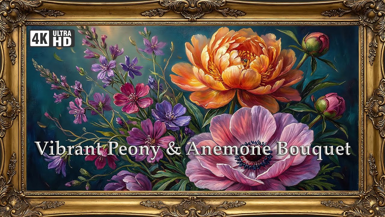 Vibrant Peony & Anemone Bouquet | Gold Framed 4K Art Screensaver | Dramatic Floral TV Wallpaper