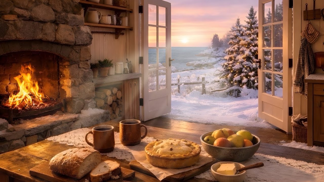 Seaside Cottage in the Winter | Cozy Fireplace & Ocean Sounds | Sleep, Study, Relax | Sunset Kitchen