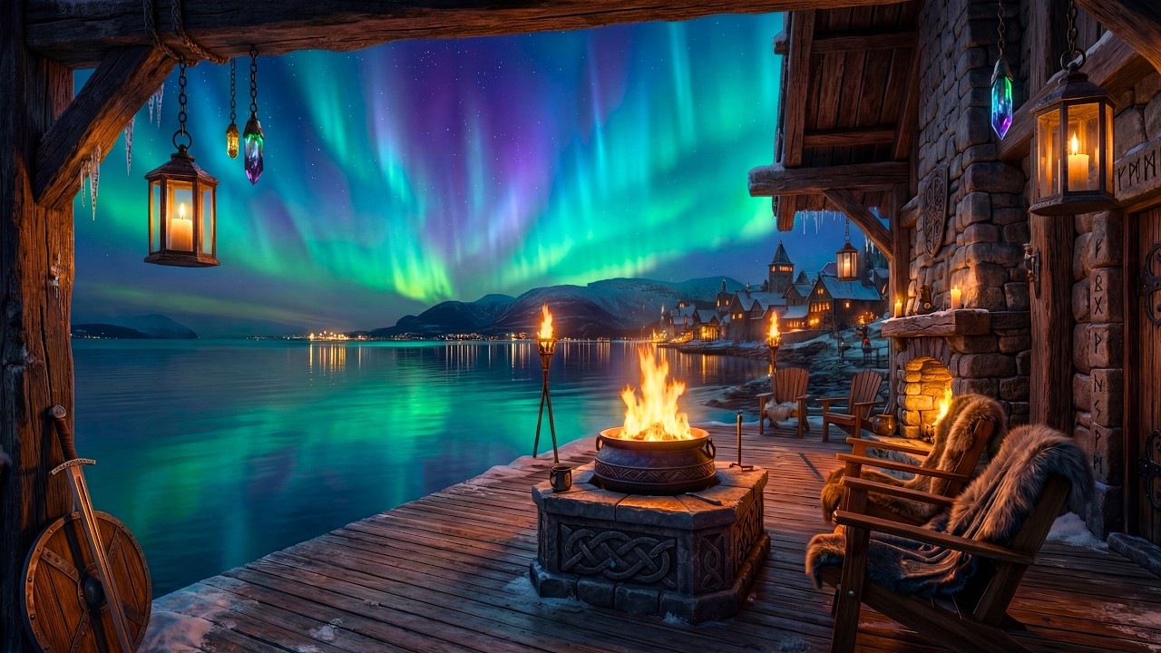 Aurora Borealis & Cabin Fireplace Crackles | Serene Winter Ambience & Medieval Music for Focus