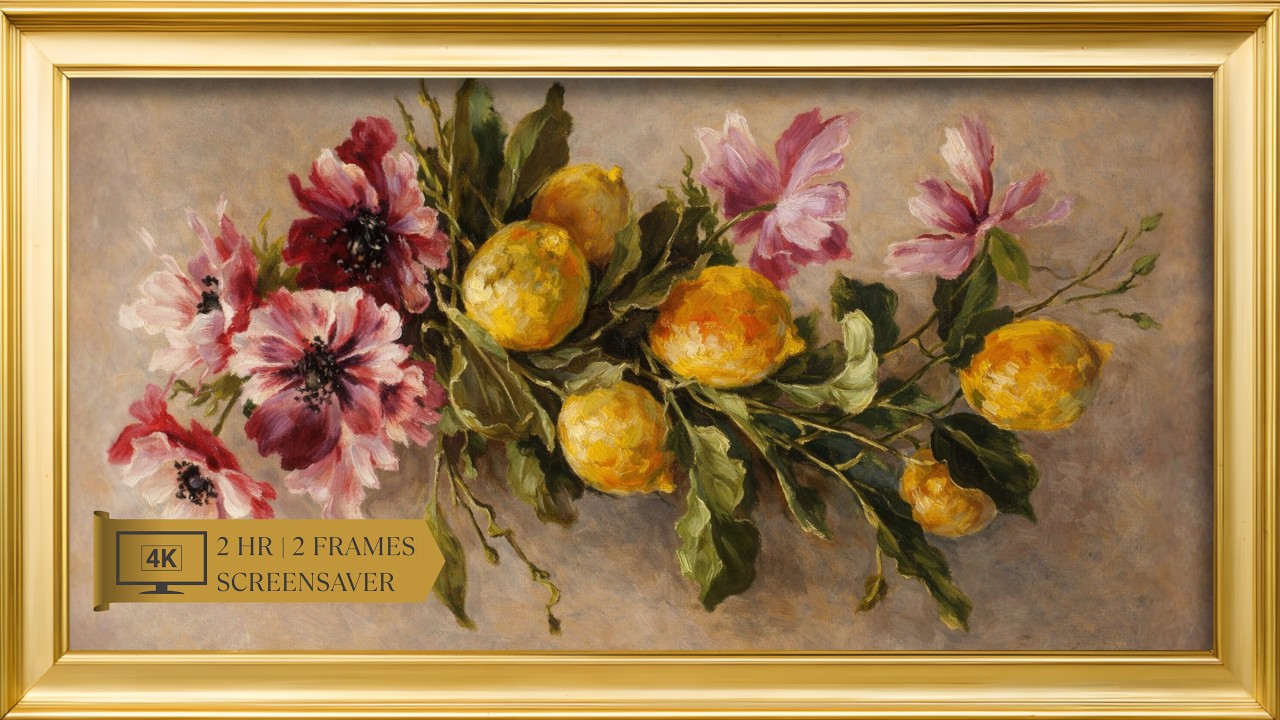 Lemon Wreath Frame 4K TV Art | Gold Framed Screensaver for Living Room and Office, 2Hrs, No Sound
