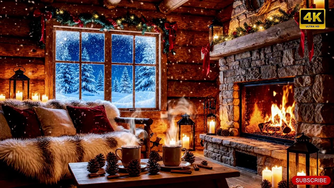 For study ,work and relaxing | Winter ambience in Cozy Cabin with smoth jazz piano🎶 + fireplace 🔥
