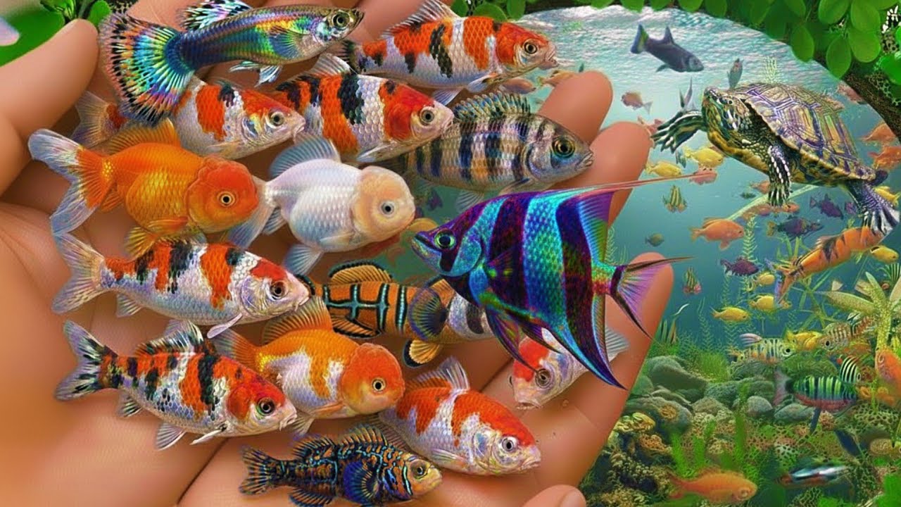 Catch beautiful aquarium fish in small pond baby turtle, eel, koi, pencil fish, cute fish, guppies