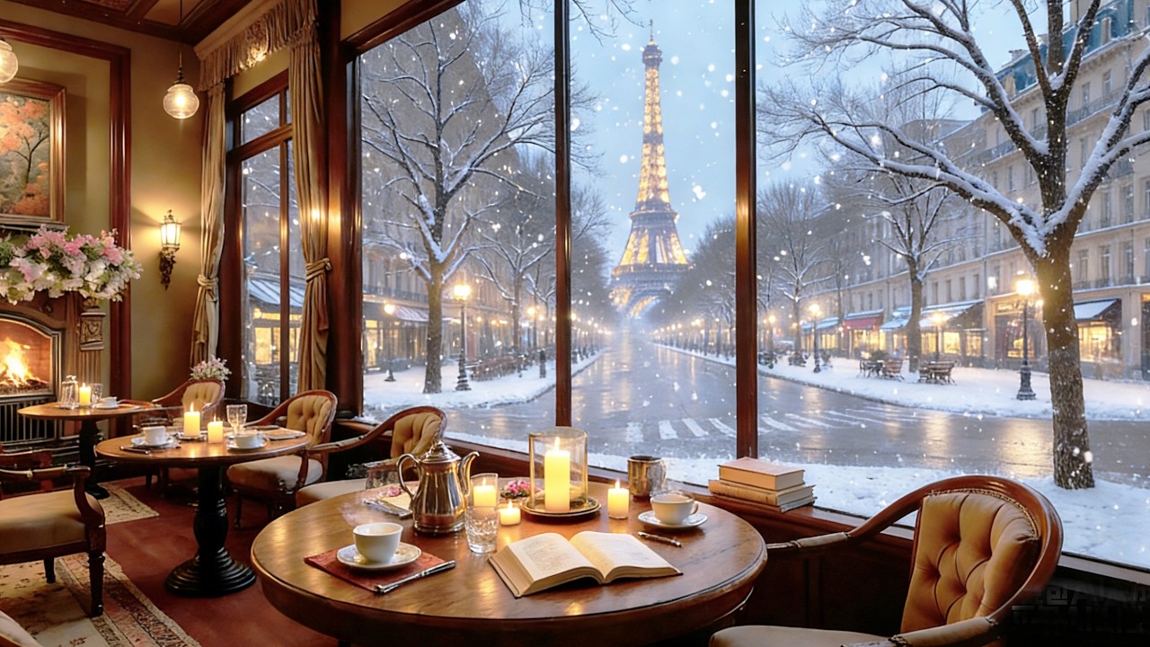 巴黎新年爵士咖啡館，舒緩氛圍☕ 溫暖的壁爐和輕柔的鋼琴聲，是工作和學習的理想場所