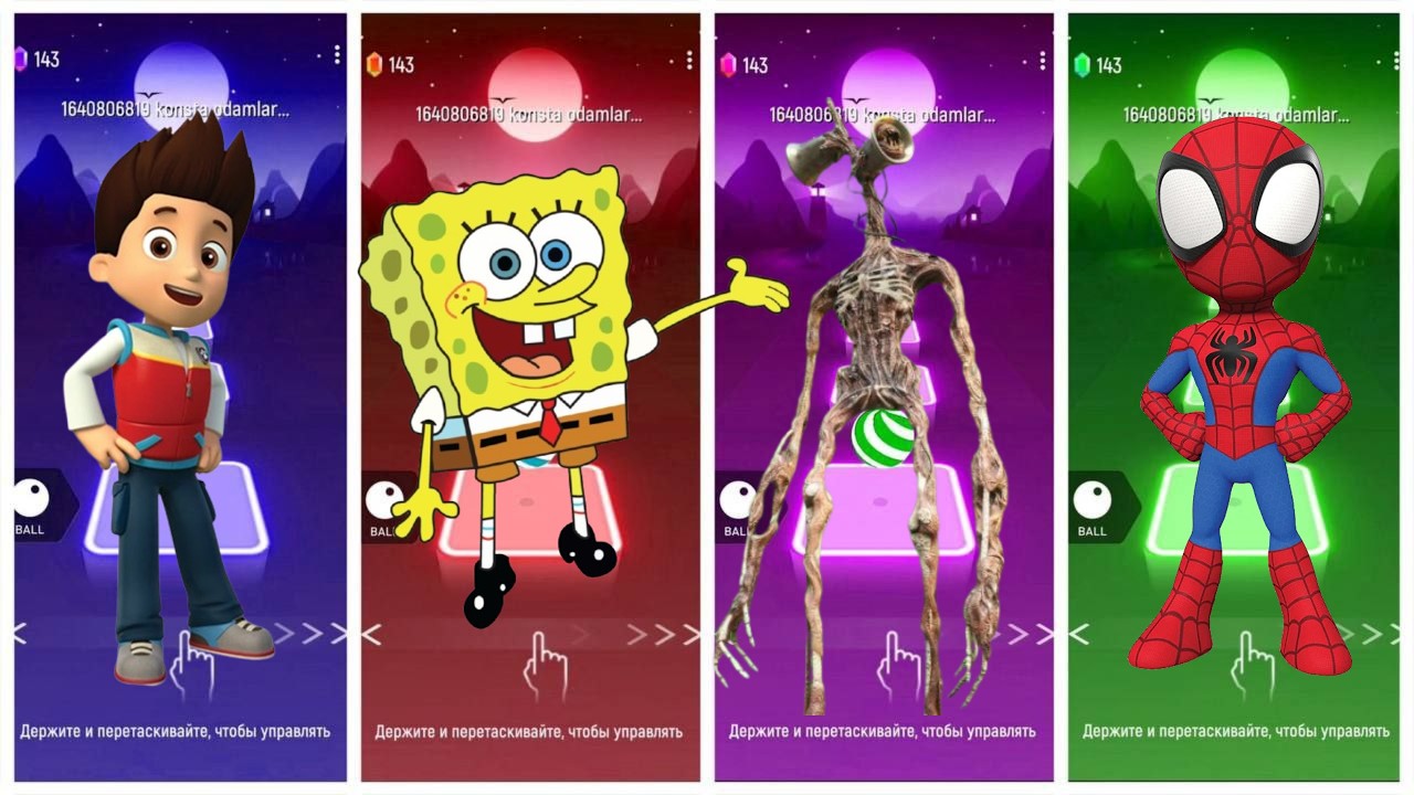 Paw Patrol vs SpongeBob vs Siren Head vs Spidey – Tiles Hop EDM Rush Gameplay