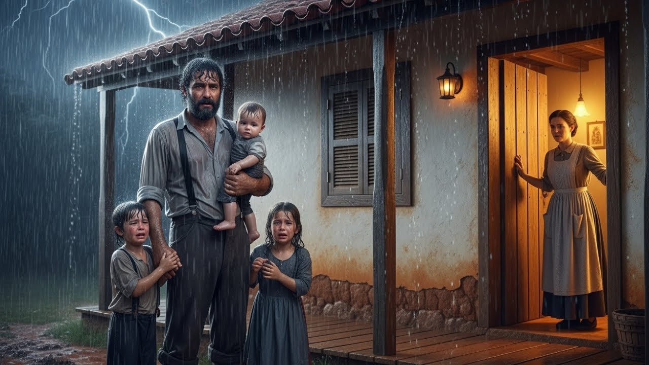 TRÊS CRIANÇAS NA CHUVA, UM PAI DESTRUÍDO... A VIÚVA ABRIU A PORTA E O QUE ACONTECEU SURPREENDE TUDO