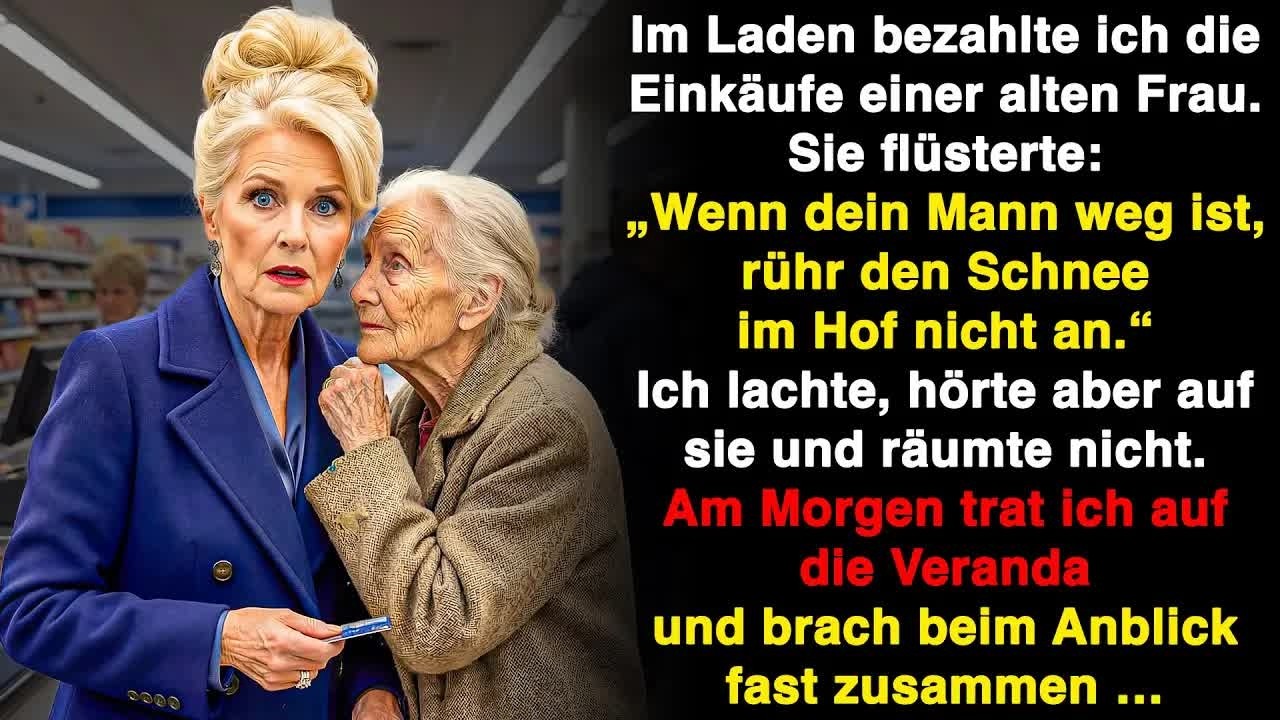 Die Frau, deren Einkauf ich bezahlte, sagte  „Wenn dein Mann geht, rühr den Schnee im Hof nicht