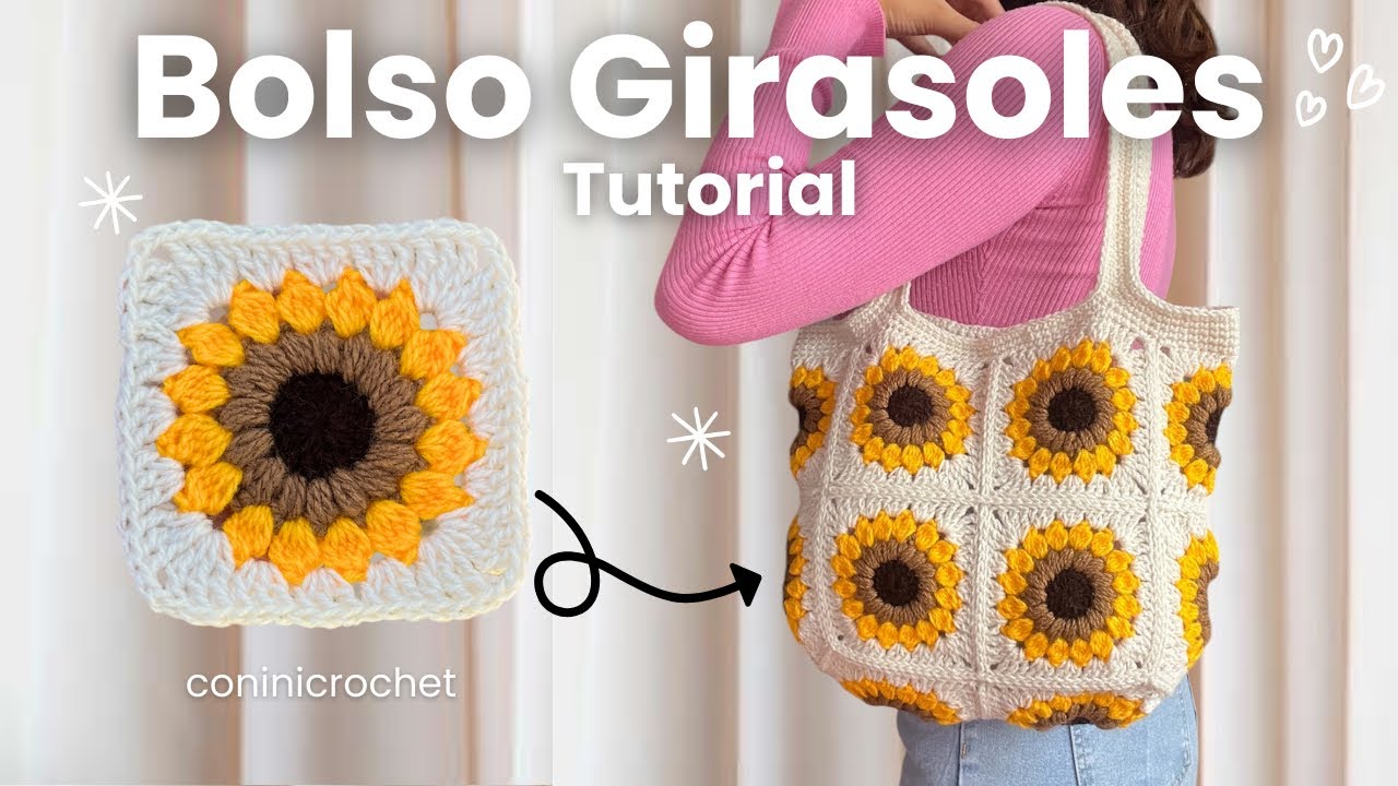 BOLSO de GIRASOLES a crochet | De GRANNYS a un BOLSO | Tutorial paso a paso | Conini Crochet